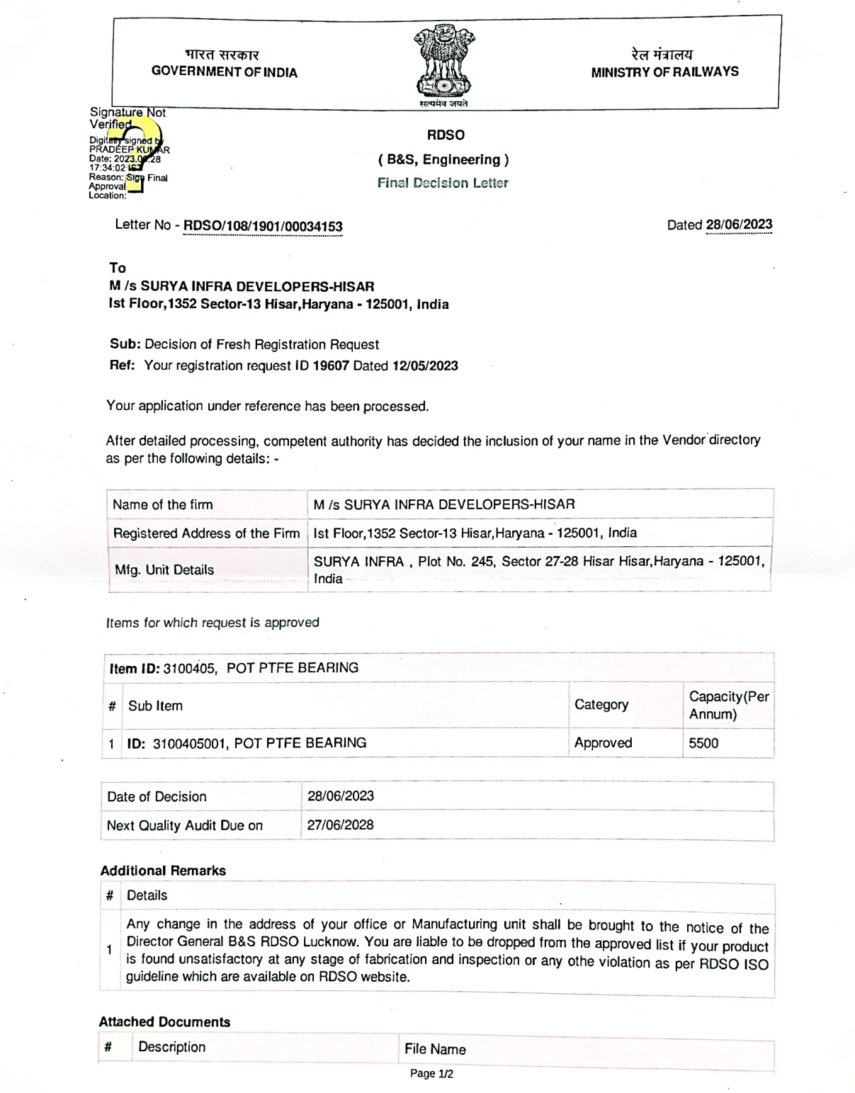 RDSO Certificate 1